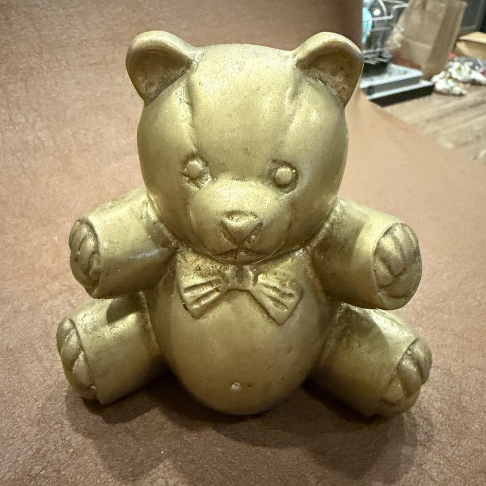 VTG Solid Brass Teddy Bear Bow Figurine Baby Nursery Paperweight Office Decor 5"